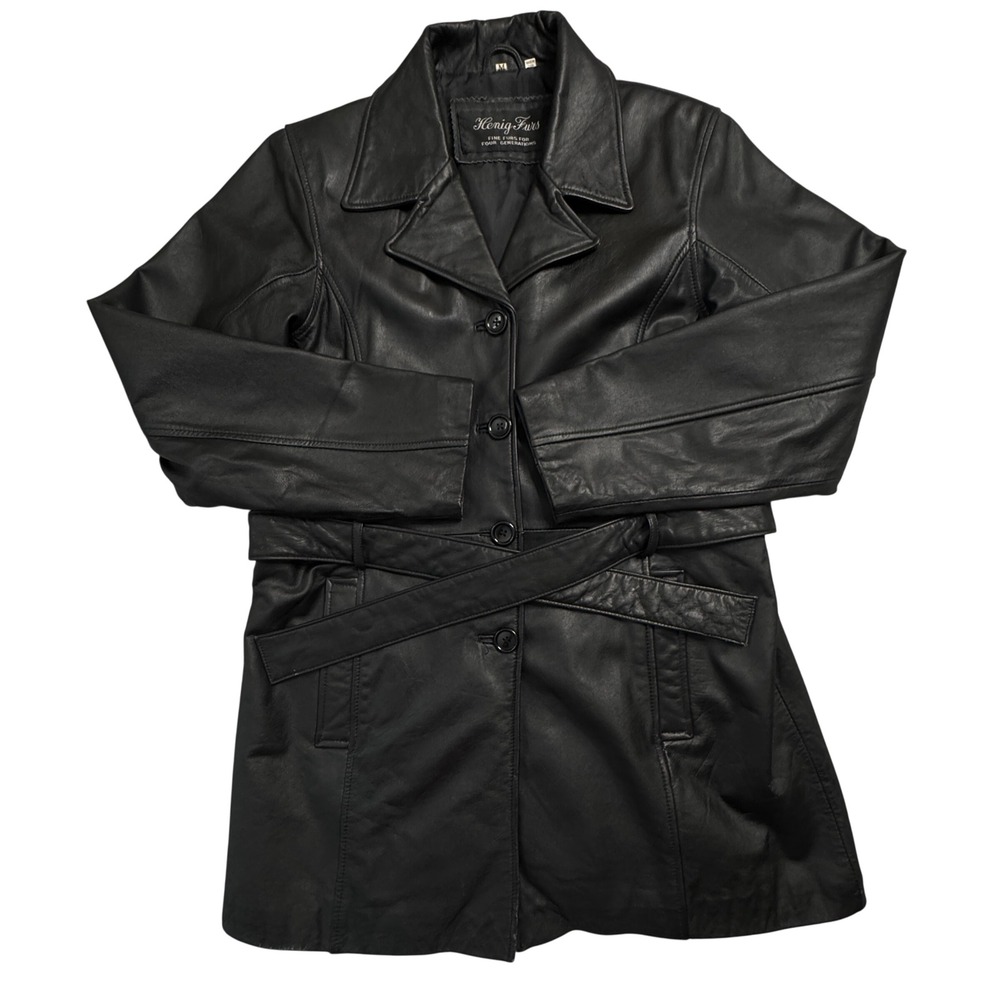 Henig Furs Genuine Leather Belted Trench Coat Womens Size Medium Black - Picture 4 of 14